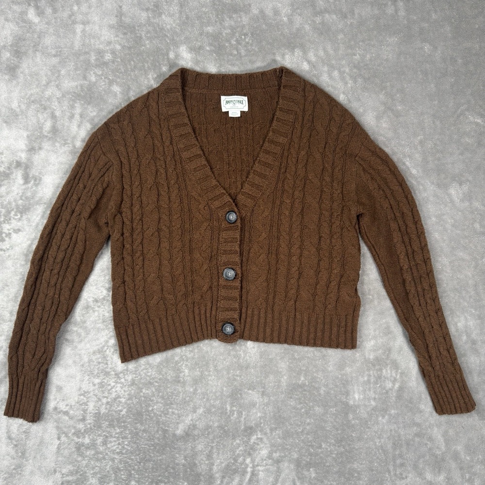 American Eagle Sweater Cardigan Womens Medium AE Brown Wave Cable Knit Buttons